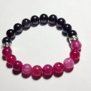 Natural Pink Amethyst and Black Obsidian Crystal Beaded Bracelet 8mm 7 1/2"